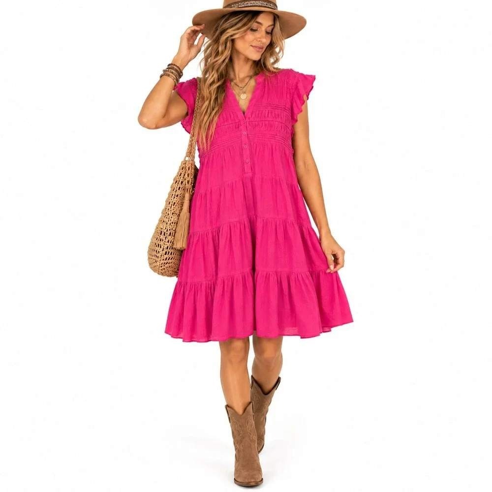 Sundance Tiered Midi Dress Womens L Pink Cotton Boho Pintuck Peasant